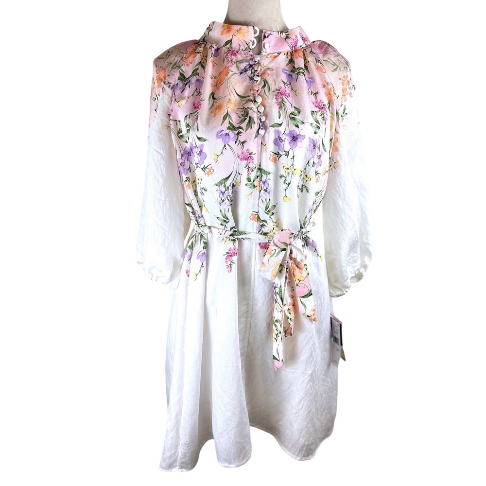 52seven Floral Button Front Linen Blend Dress White & Pink Womens 14P